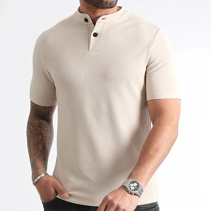 Men's casual waffle henley shirt, a comfortable short sleeve top for versatile summer & spring outfits.