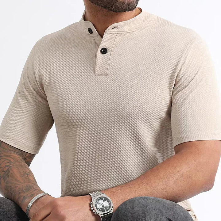 Modern men's waffle henley with a button placket, designed for all-day comfort & effortless style.