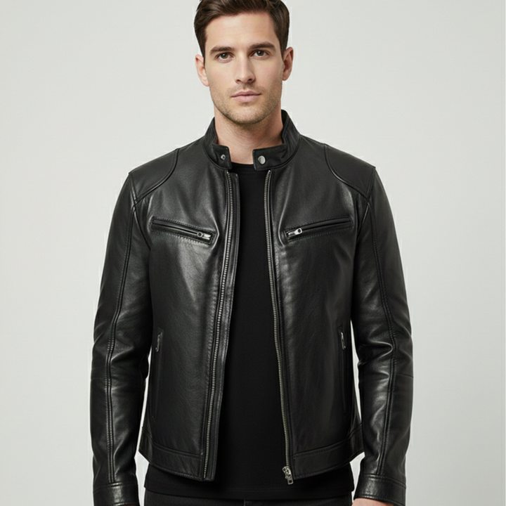 Men's sleek urban jacket, front view. Modern, versatile outerwear for all-season style and comfort.