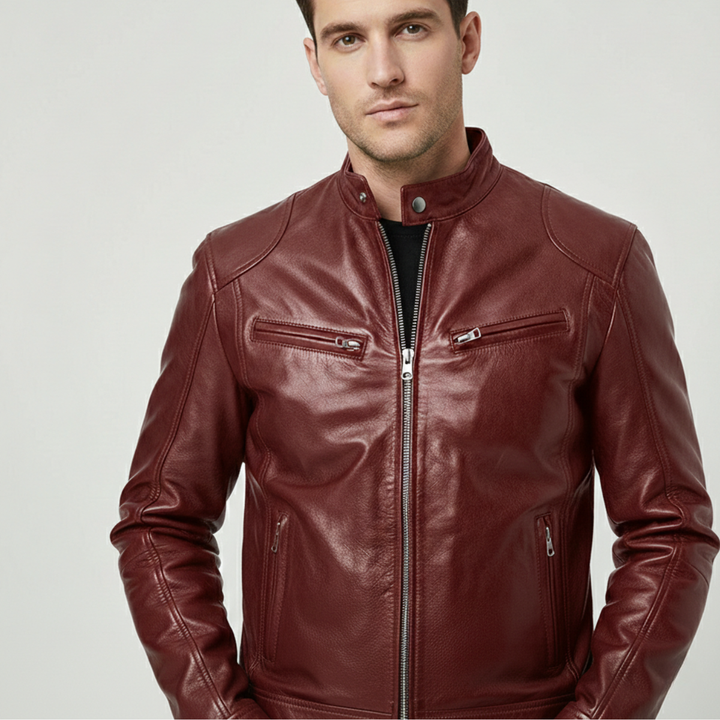 Side profile of men's sleek urban jacket. Perfect for versatile seasonal wear and casual style.
