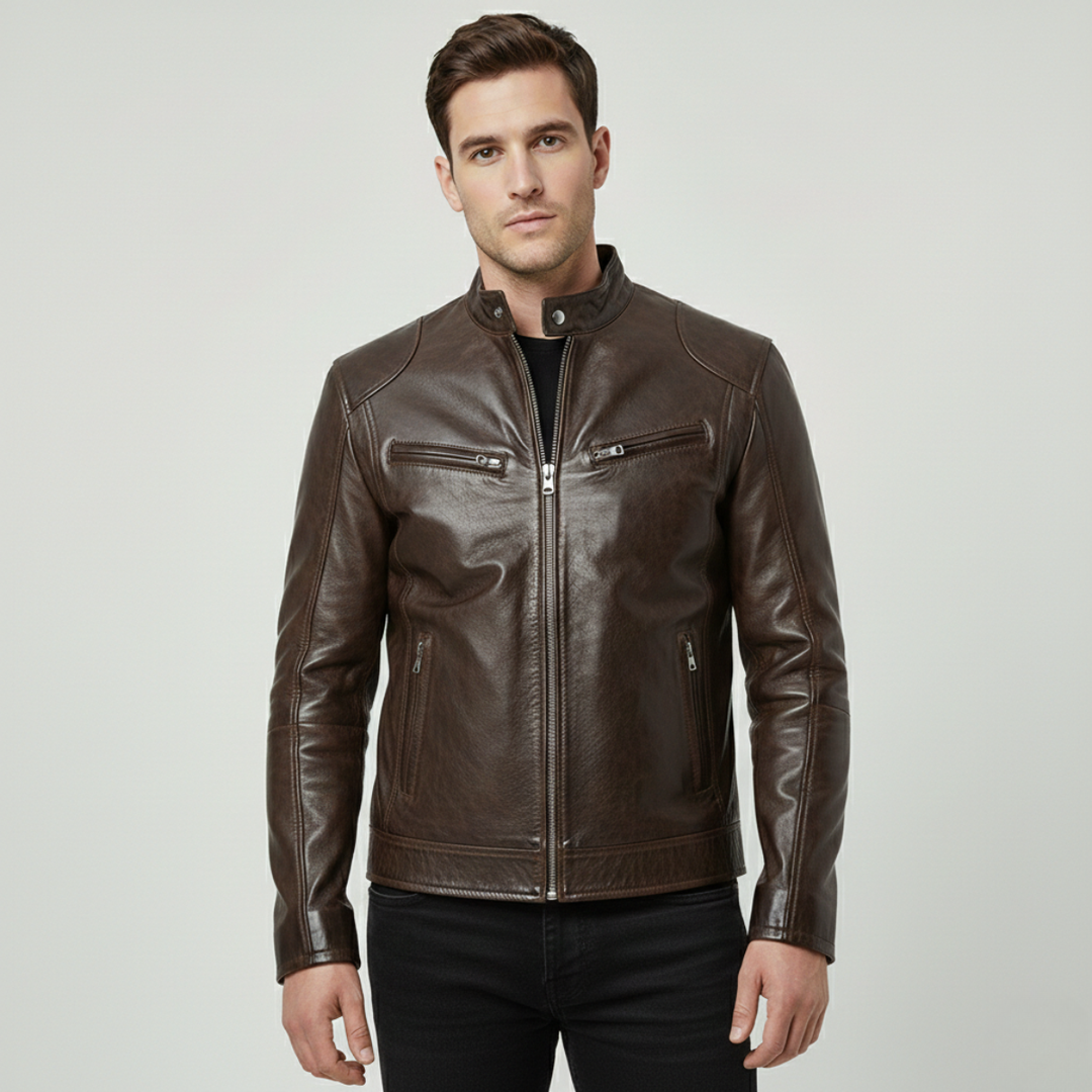 Close-up of the fabric texture on the men's sleek urban jacket. Comfortable, modern mens outerwear.