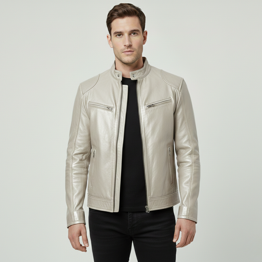 Detail shot of the zipper on men's sleek urban jacket. High-quality, stylish fall & winter coat.