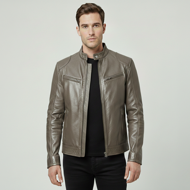 Man wearing the sleek urban jacket casually, walking in a city. Modern men's outerwear for urban fashion.