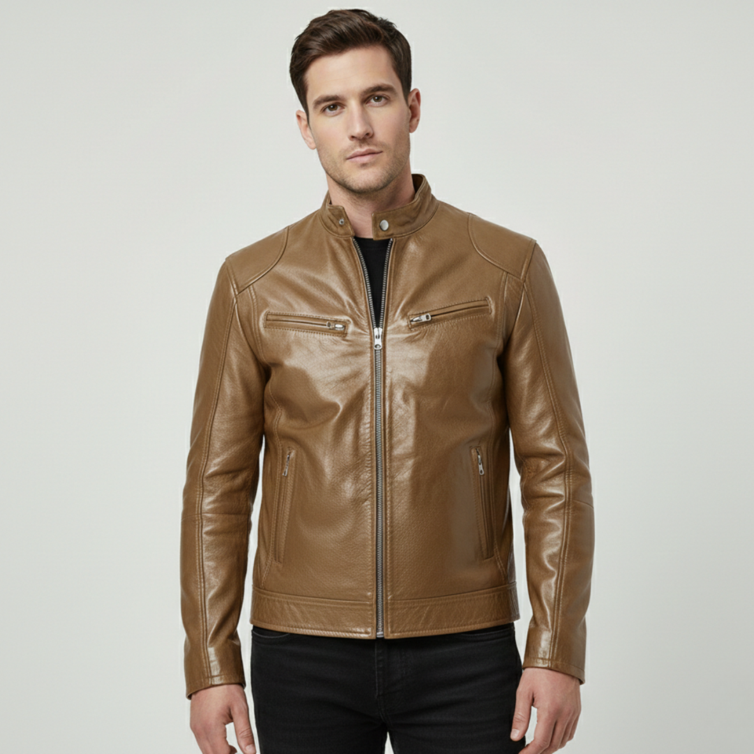 Hand in pocket of the men's sleek urban jacket. Functional pockets, a stylish modern jacket for fall fashion.