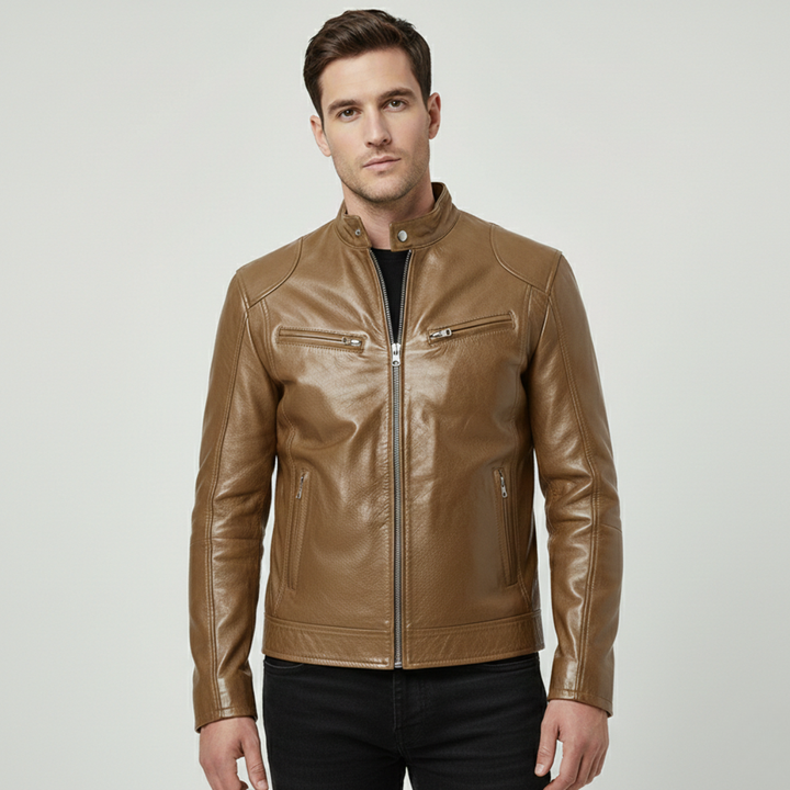 Hand in pocket of the men's sleek urban jacket. Functional pockets, a stylish modern jacket for fall fashion.
