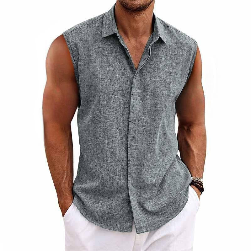 Men's sleeveless button-down shirt, relaxed fit tank top, perfect for summer casual wear & beach fashion.
