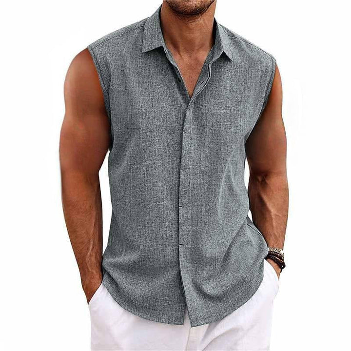 Men's sleeveless button-down shirt, relaxed fit tank top, perfect for summer casual wear & beach fashion.
