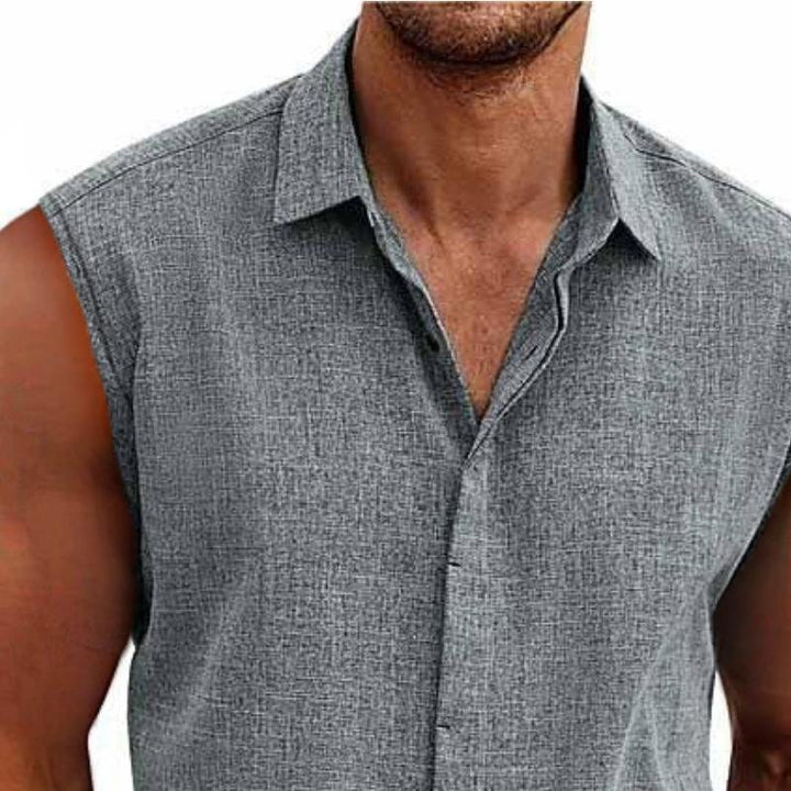 Stylish men's sleeveless button-down shirt for ultimate summer comfort. Ideal relaxed fit casual top for vacation.