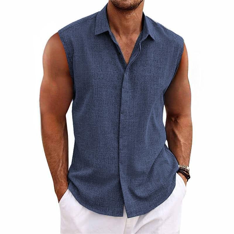 Comfortable men's sleeveless button-down shirt. Versatile tank top with relaxed fit for men's summer fashion.