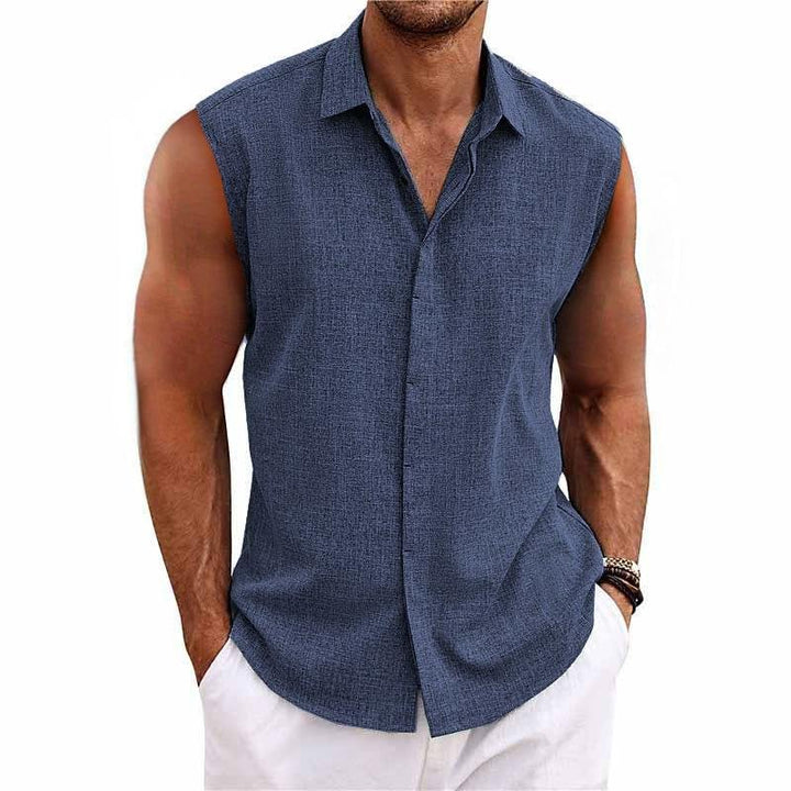 Comfortable men's sleeveless button-down shirt. Versatile tank top with relaxed fit for men's summer fashion.