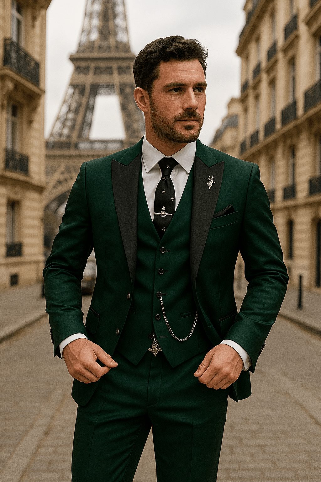 Men's slim fit 3-piece suit set for formal occasions. Includes jacket, vest, and trousers.