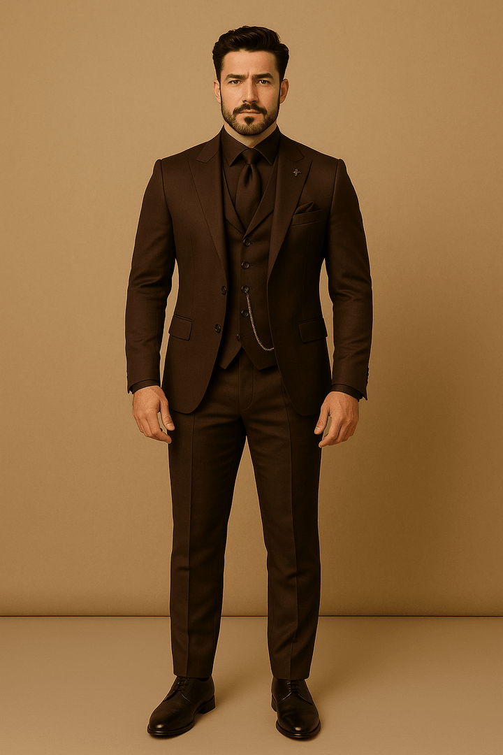 Dark men's slim fit 3-piece suit, perfect formal wear for weddings, business, or special events.