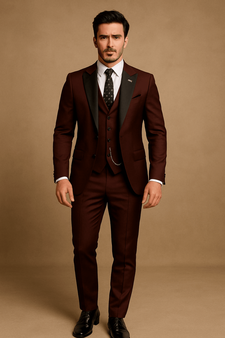 Elegant men's slim fit 3-piece suit. Sophisticated formal wear, tailored for special occasions & weddings.