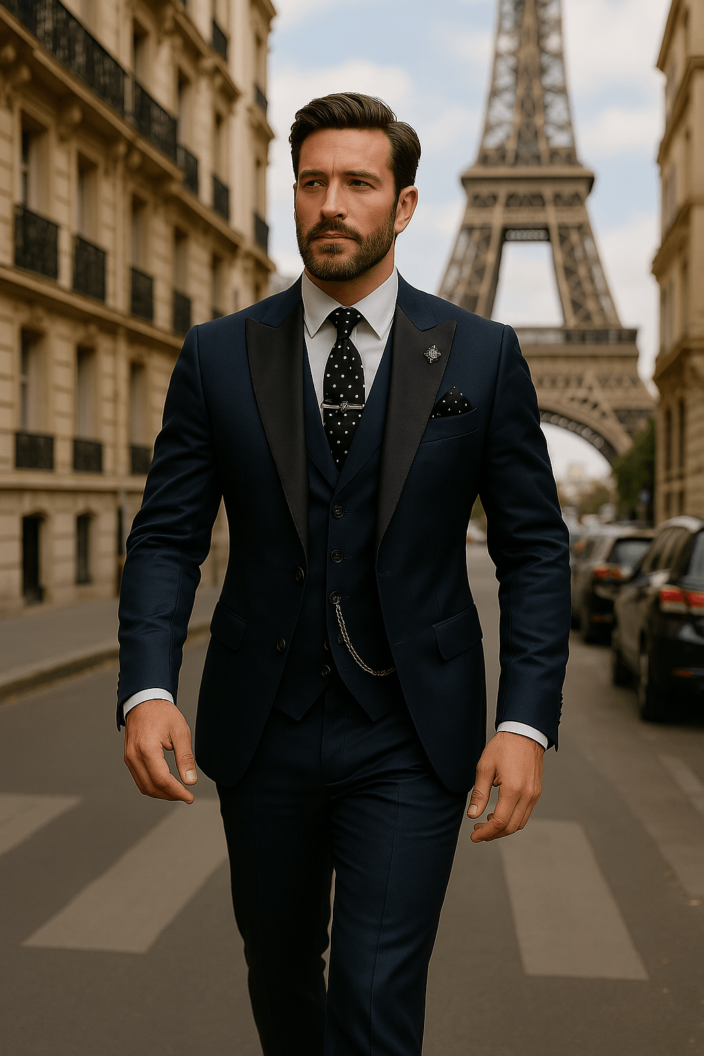 Complete men's 3-piece suit set: slim fit jacket, vest, and trousers for formal wear.
