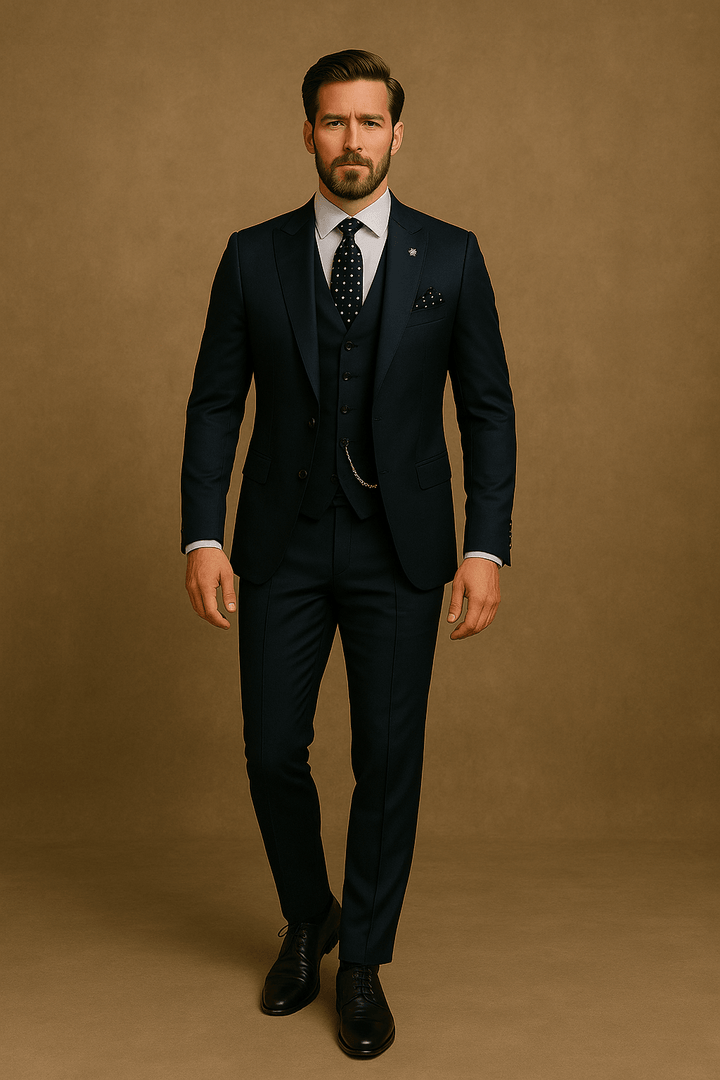Man in a sleek, slim fit 3-piece suit, standing confidently. Perfect for formal wear.
