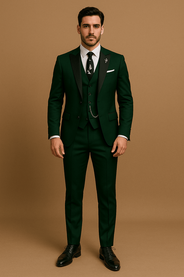 Man in a comfortable slim fit 3-piece suit, seated. Elegant business or wedding attire.