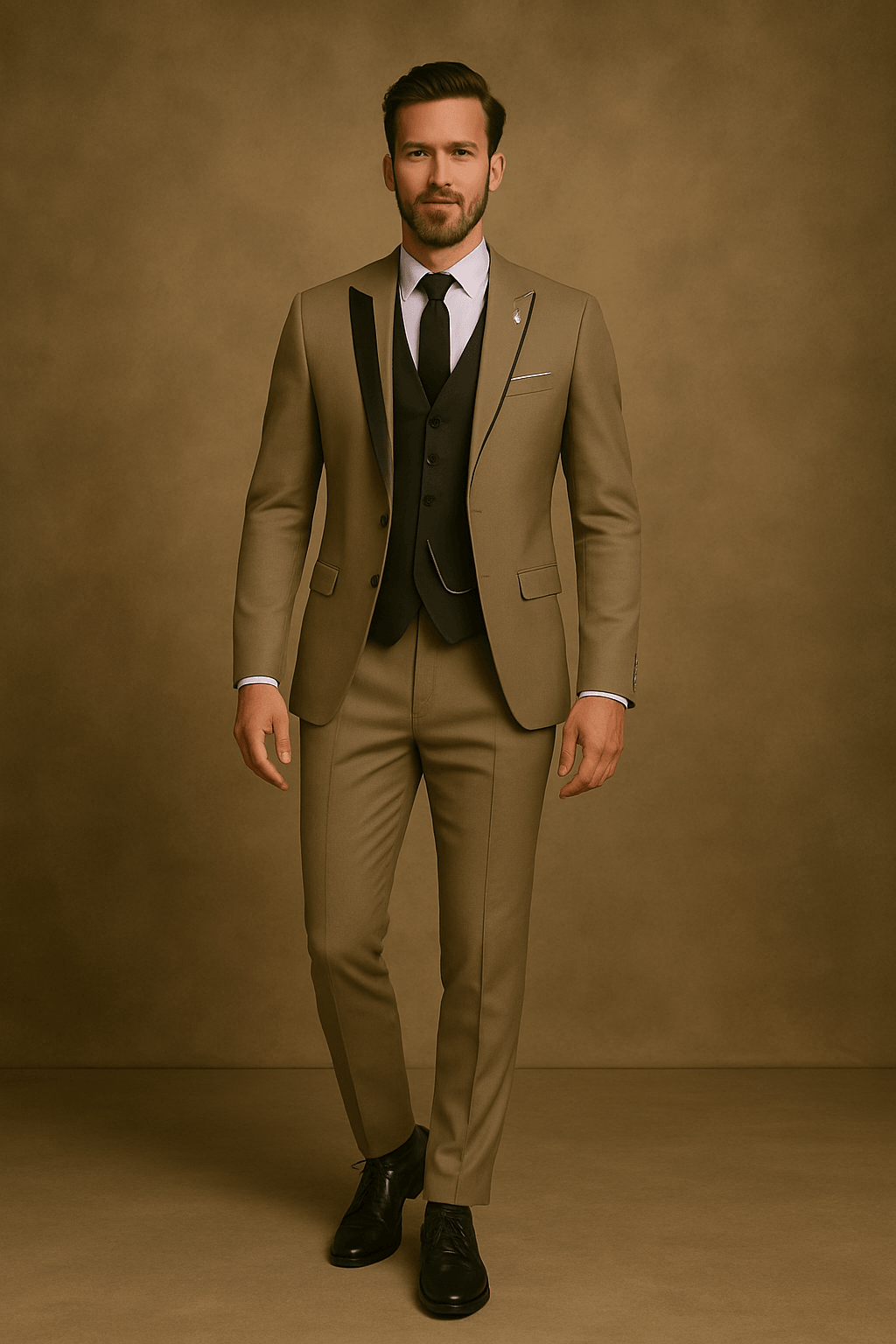 Back view of a stylish men's slim fit 3-piece suit, showcasing tailored design. Formal occasion wear.