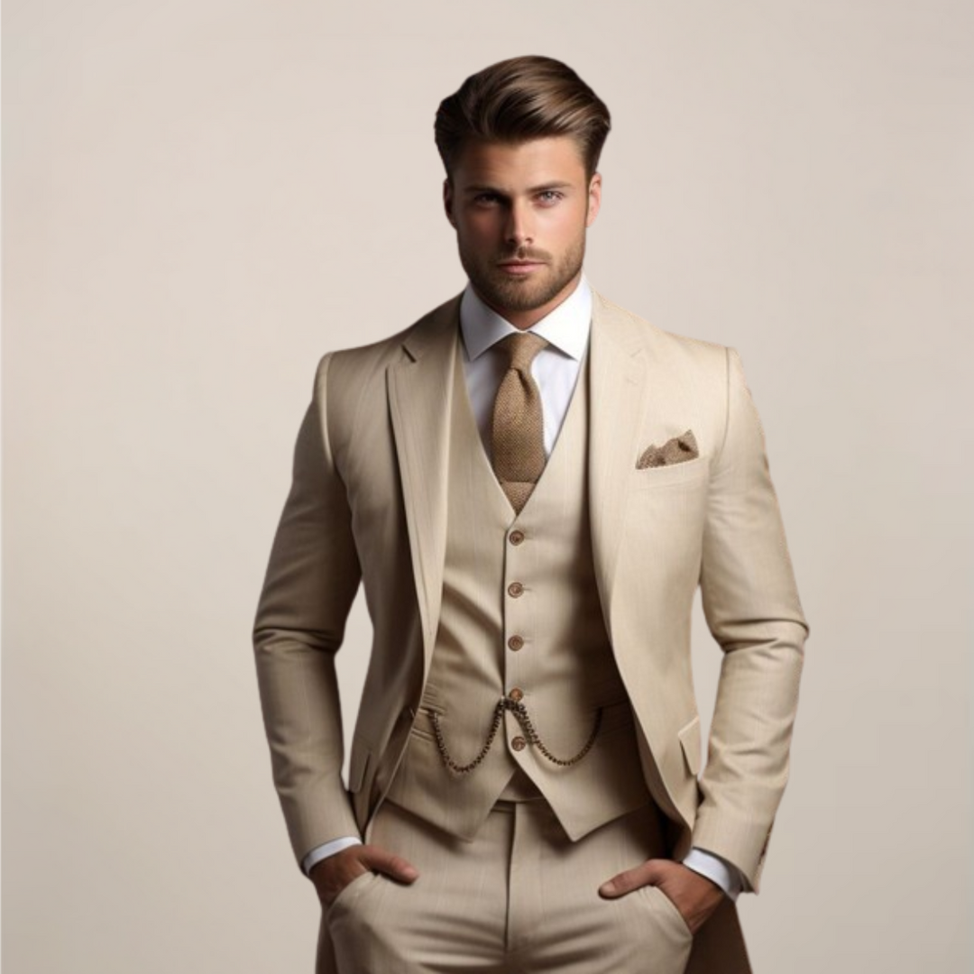 Tailored men's slim fit 3-piece suit for a sleek, modern professional look; ideal for business & weddings.