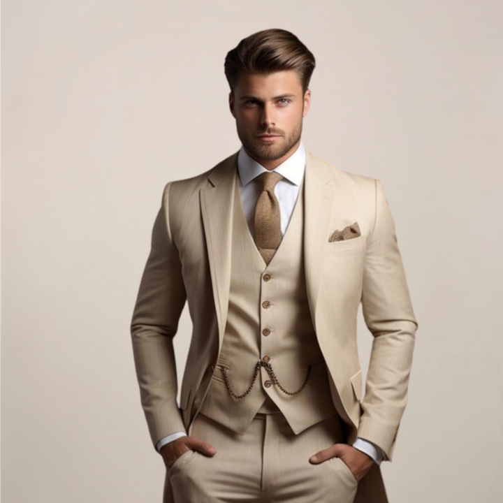 Tailored men's slim fit 3-piece suit for a sleek, modern professional look; ideal for business & weddings.