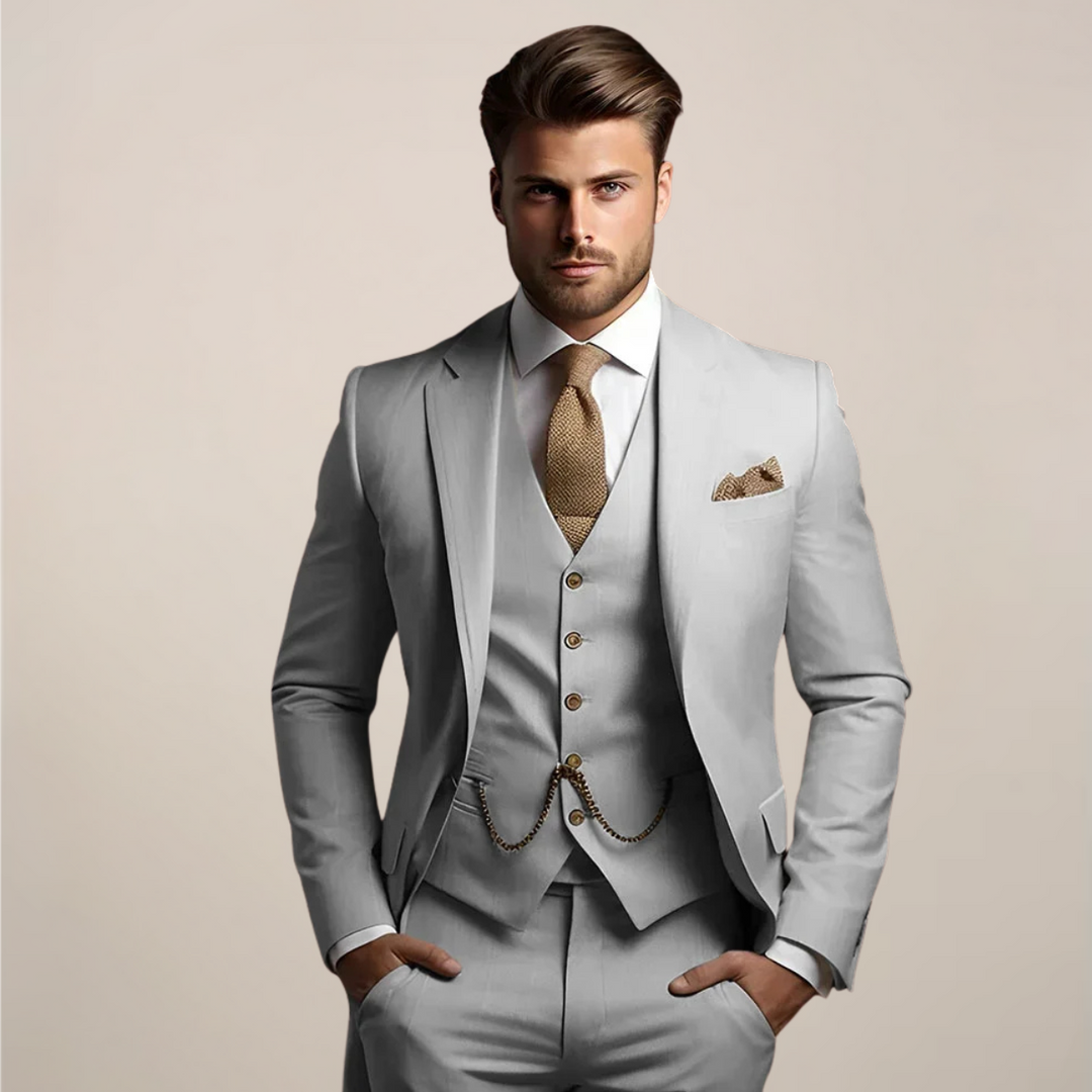 Versatile men's 3-piece slim fit suit. Excellent formal wear for business, weddings, parties & professional events.