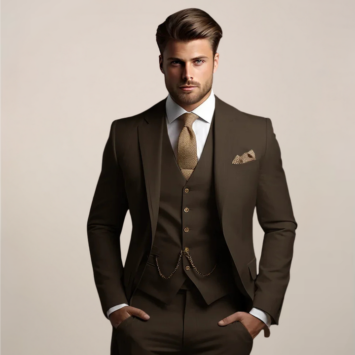 Stylish men's slim fit 3-piece suit for a sharp, sophisticated modern professional and elegant formal events.