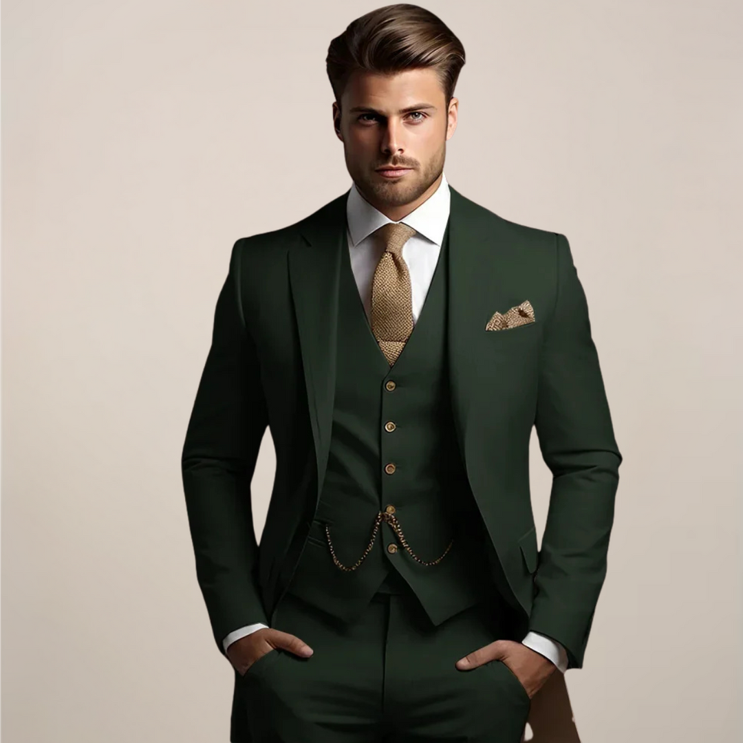 Front view of a men's modern slim fit 3-piece suit, showcasing tailored jacket, vest, & trousers details.