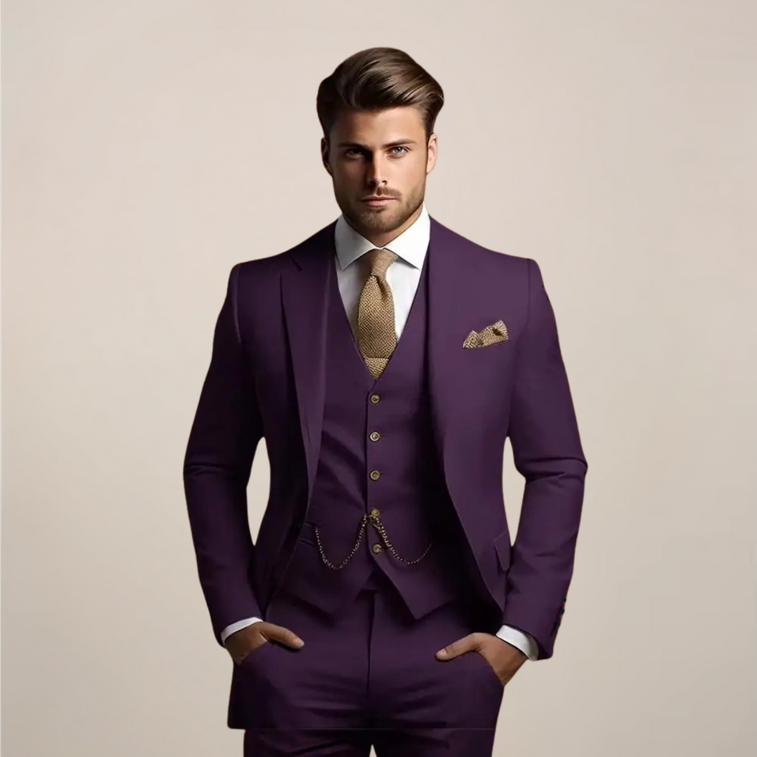 Back view of a men's professional slim fit 3-piece suit, demonstrating its sleek modern tailoring & comfort.