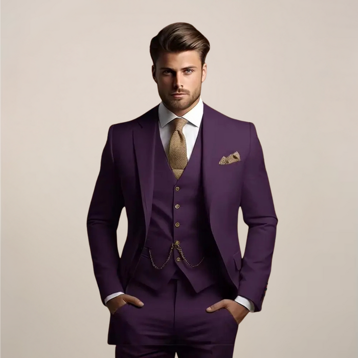 Back view of a men's professional slim fit 3-piece suit, demonstrating its sleek modern tailoring & comfort.