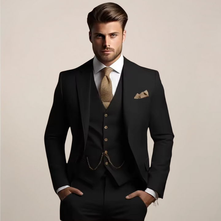Close-up of the elegant fabric and refined lapel of a men's modern 3-piece slim fit suit, professional attire.