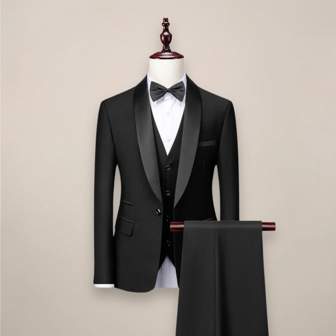 Men's slim fit 3-piece tuxedo for formal events, perfect as a wedding suit or black tie attire.