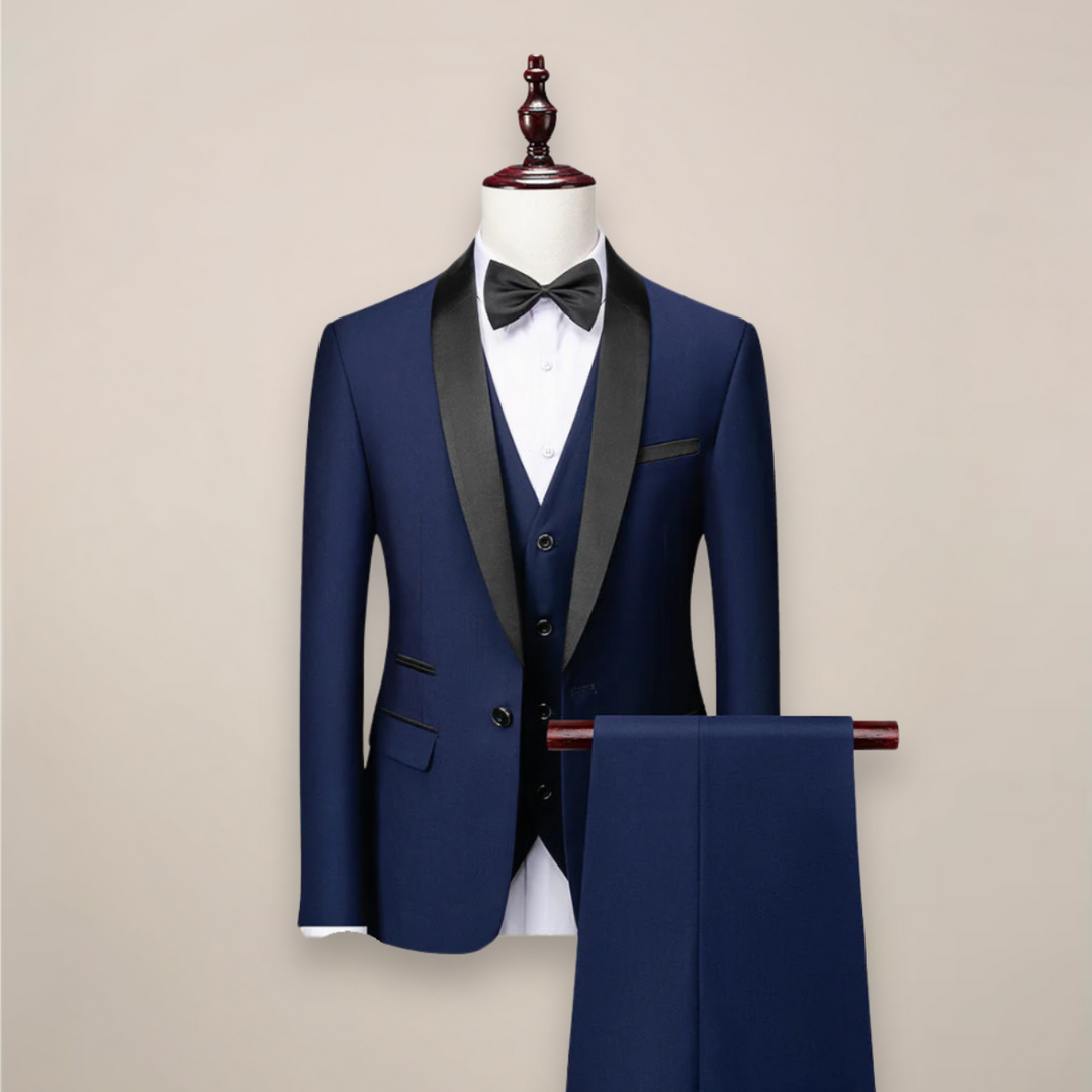 Sophisticated men's slim fit tuxedo. A modern 3-piece tailored suit, ideal for formal wear and events.