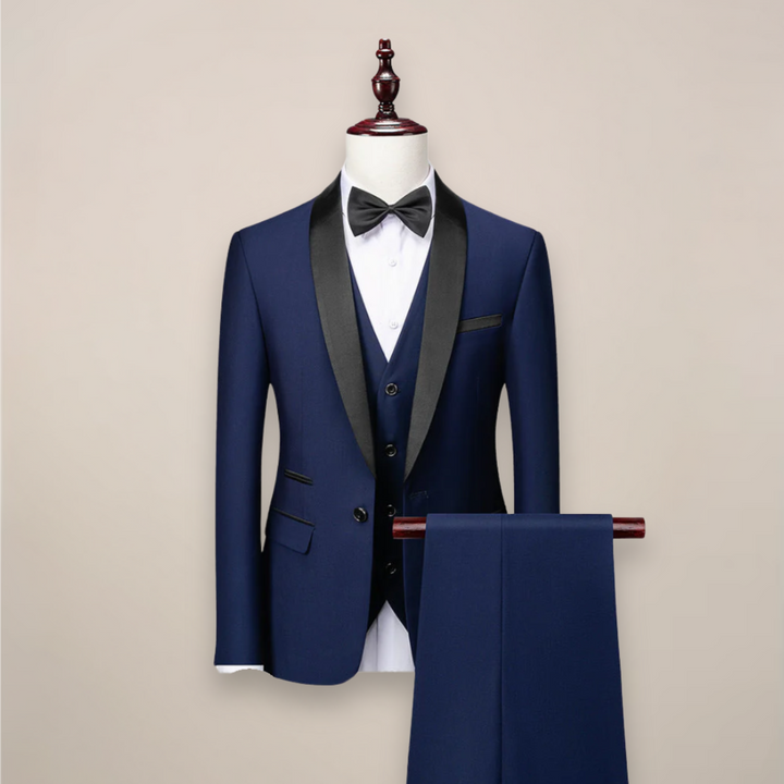 Sophisticated men's slim fit tuxedo. A modern 3-piece tailored suit, ideal for formal wear and events.