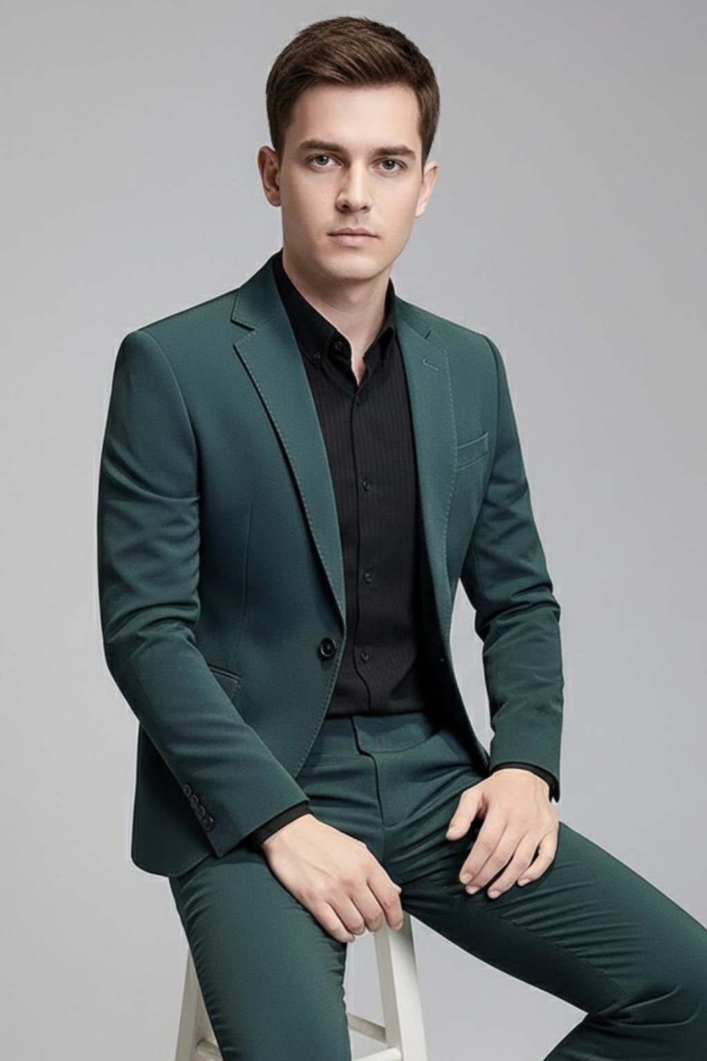 Elegant beige slim fit men's suit. Modern business & event attire for a stylish look. Two-piece set.