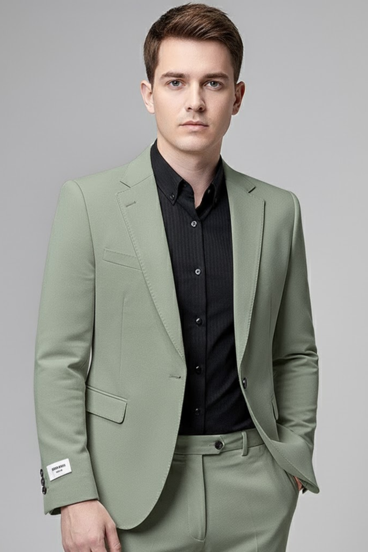 Stylish dark green slim fit men's suit. Modern two-piece for formal wear & casual events. Korean fashion.
