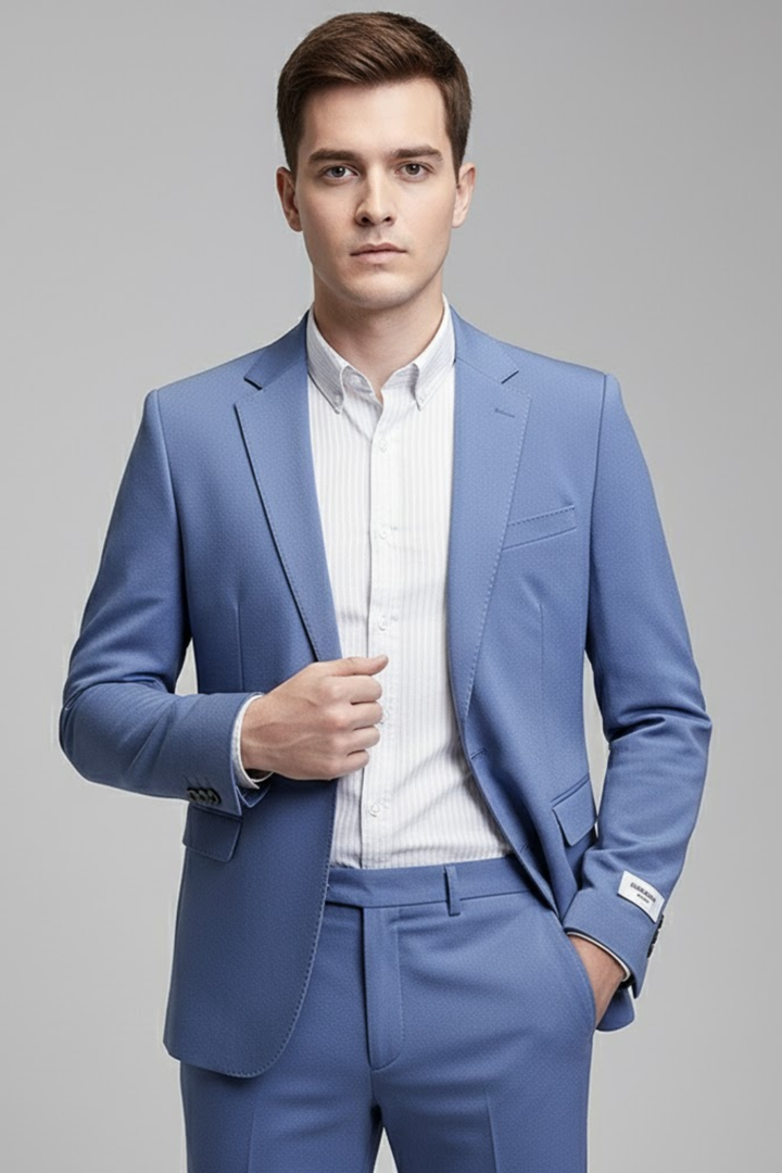 Modern blue slim fit men's two-piece suit. Perfect for business, formal wear, or stylish casual events.