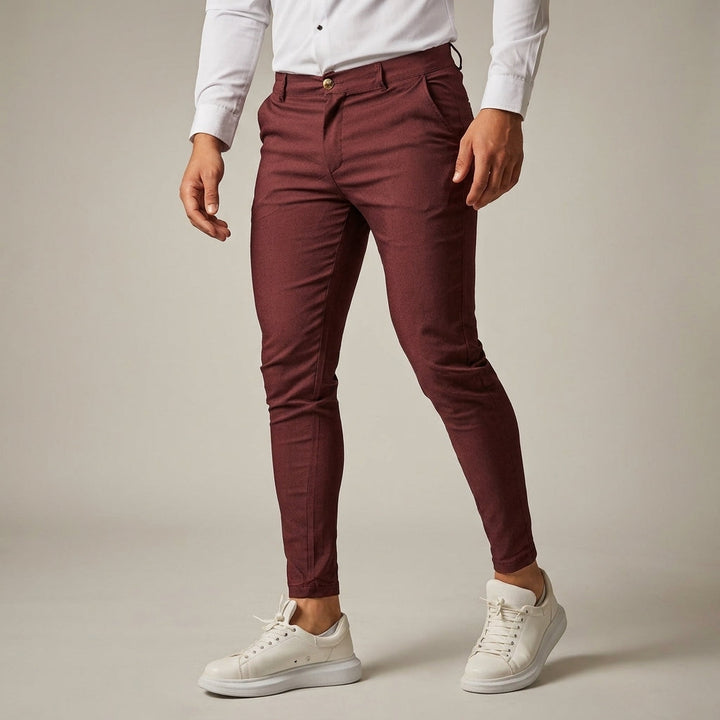 Modern men's slim fit trousers, tailored silhouette for professional business and office attire.