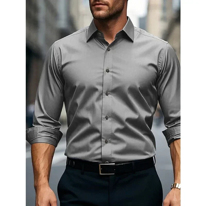 Stylish men's slim fit button-down long sleeve shirt. Ideal for business, formal, or smart casual wear.