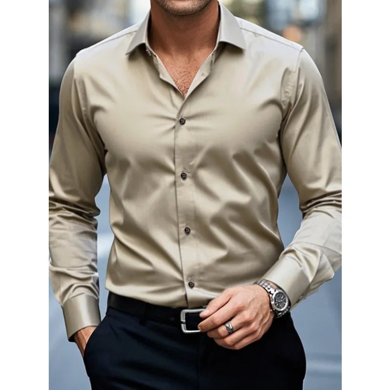 Versatile men's professional slim fit long sleeve button-down shirt. Great for business, office & casual outfits.