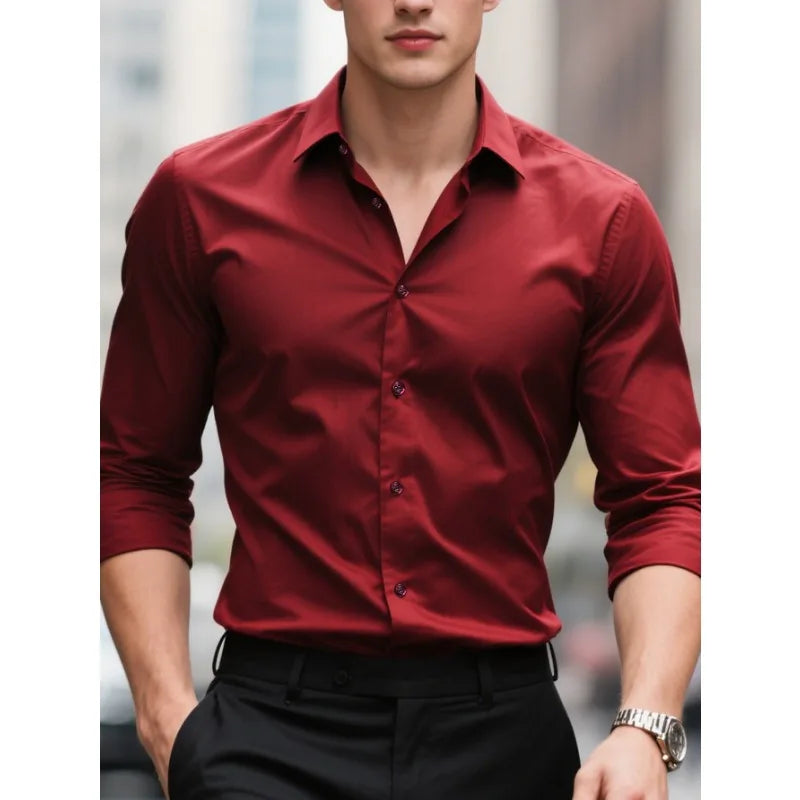 Close-up of a men's modern slim fit button-down shirt. Long sleeve design for professional & casual occasions.
