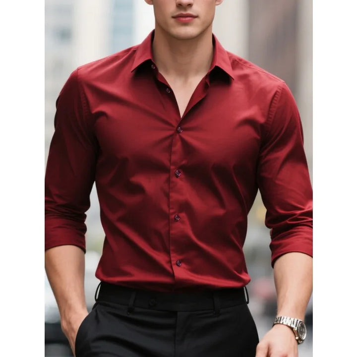 Close-up of a men's modern slim fit button-down shirt. Long sleeve design for professional & casual occasions.