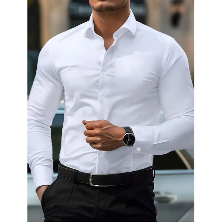 Man wearing a sleek men's slim fit long sleeve button-down shirt. Suitable for professional, business or casual events.