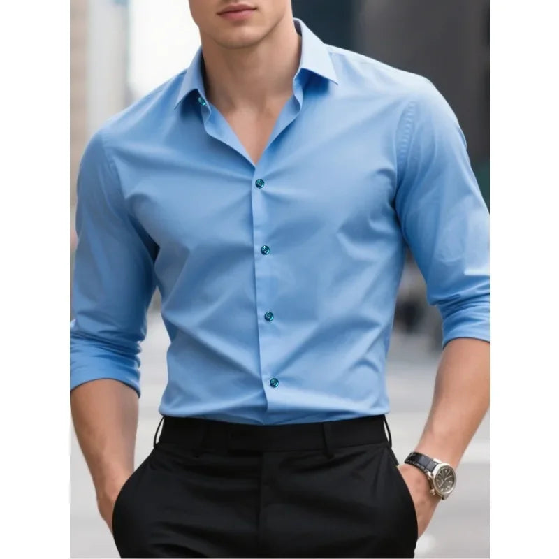 Essential men's slim fit long sleeve button-down shirt. Tailored for professional, formal & everyday casual style.