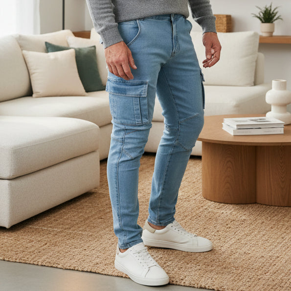 Men's slim fit cargo jeans with multiple utility pockets, perfect for casual streetwear fashion.