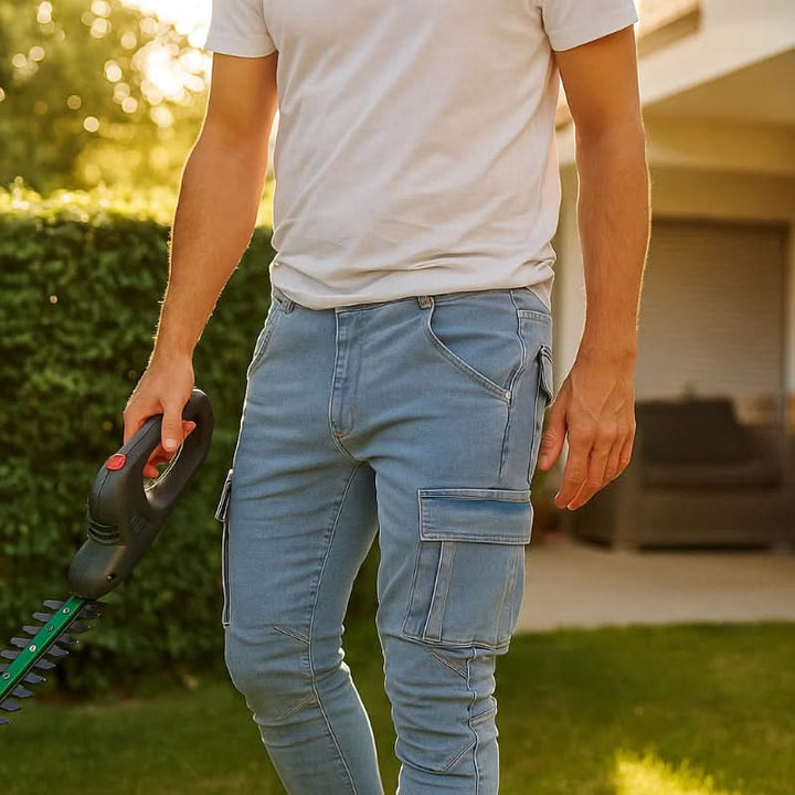 Men's cargo jeans with essential multi-pockets, a slim fit, and durable denim for everyday wear.