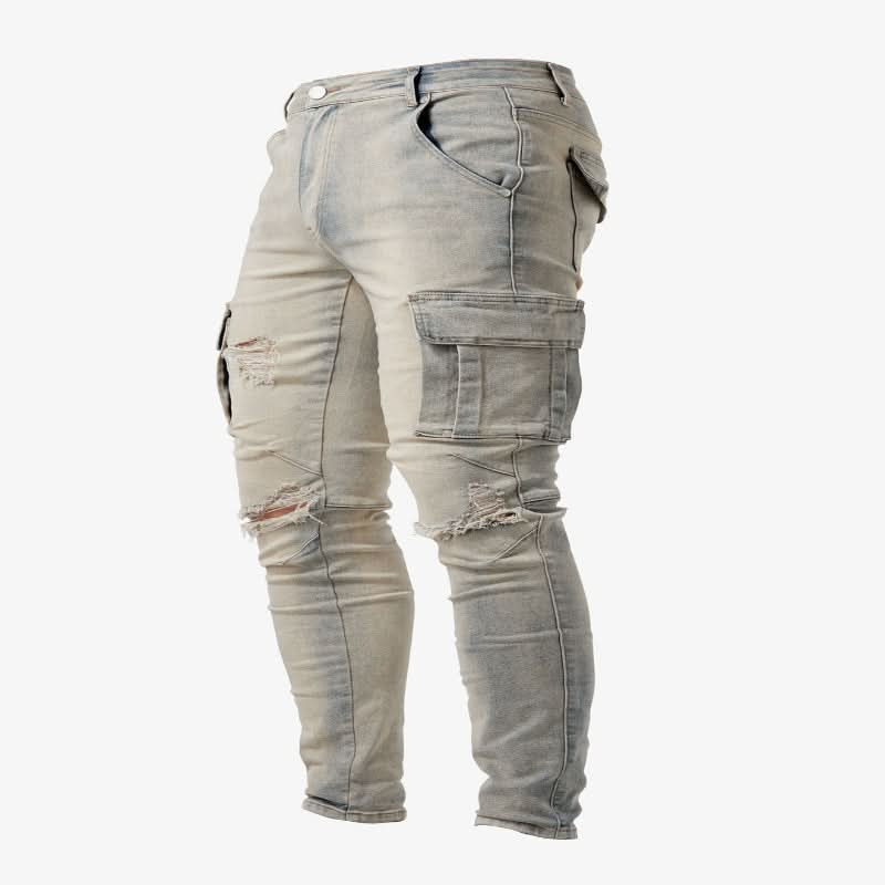 Fashionable men's slim fit denim cargo jeans with functional side pockets for modern style.