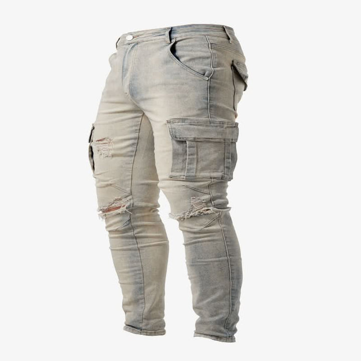 Fashionable men's slim fit denim cargo jeans with functional side pockets for modern style.
