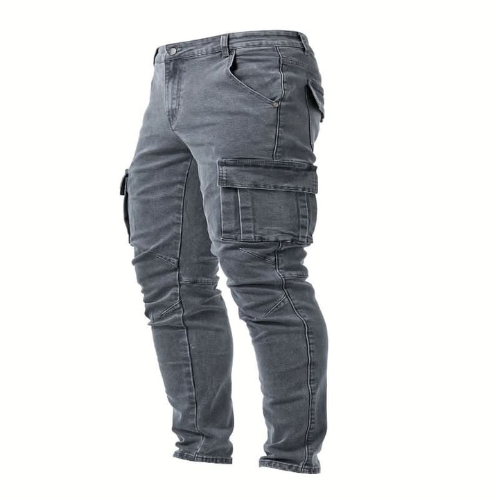 Durable men's slim fit cargo jeans, offering practical multi-pockets for utility and casual wear.
