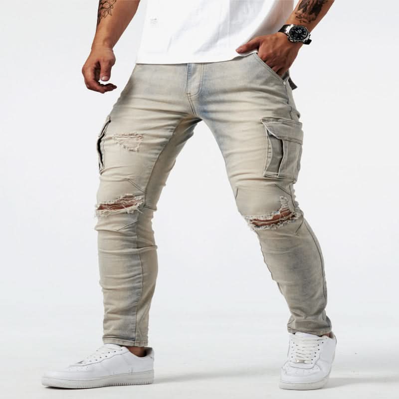 Men's slim fit cargo jeans with practical pockets, a stylish and comfortable choice for casual wear.