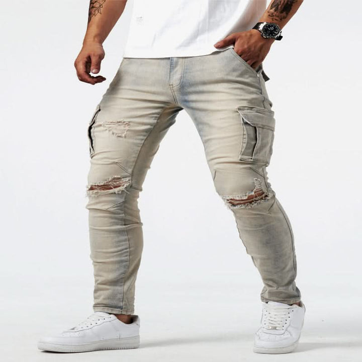 Men's slim fit cargo jeans with practical pockets, a stylish and comfortable choice for casual wear.