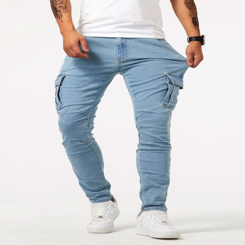Dark wash men's slim fit denim cargo jeans, featuring essential pockets for a utility-style look.